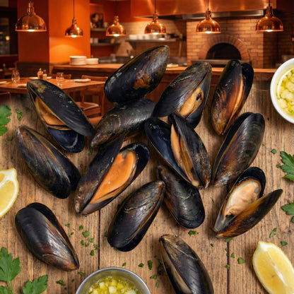 Frozen Blue Mussels in Half Shell – Rope-Cultured & Clean Finish 🐚